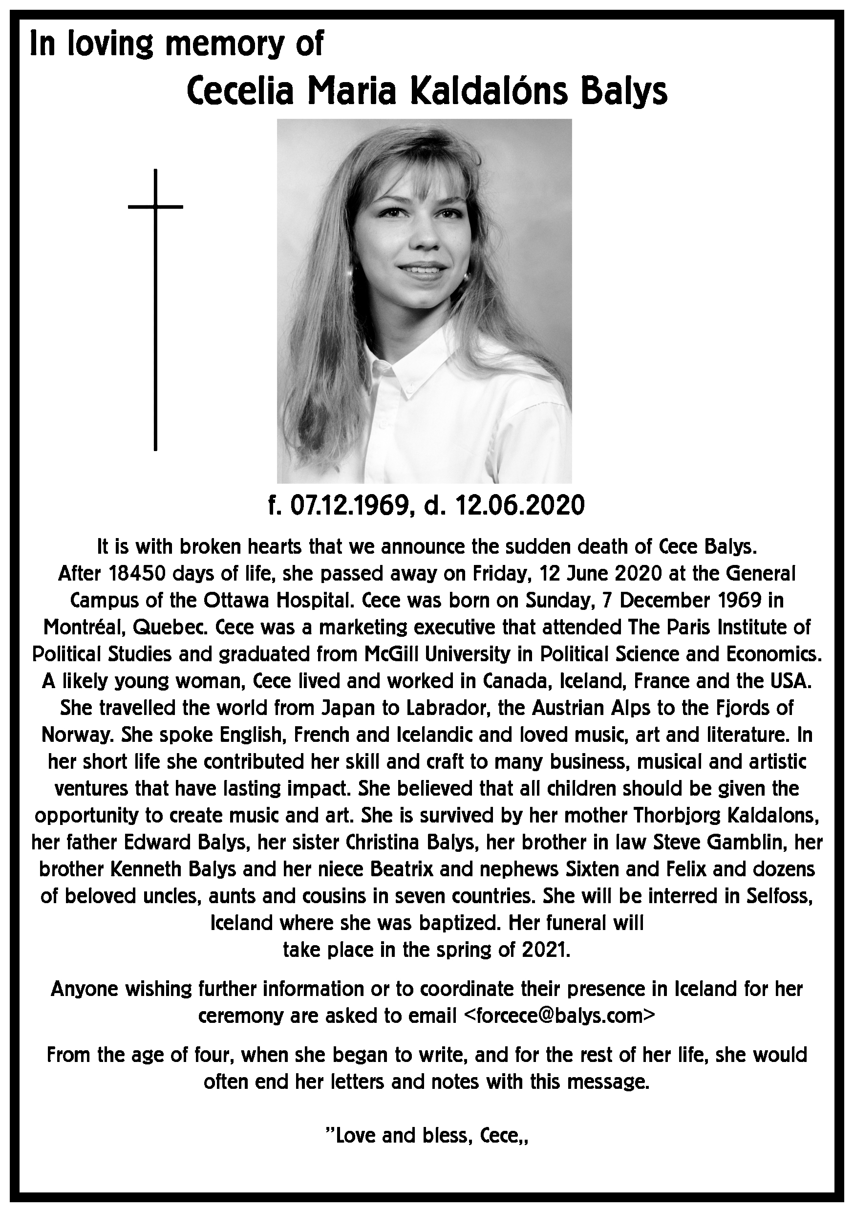 In Memorium: Cece Cecelia Maria Kaldalons Balys, 1969-2020